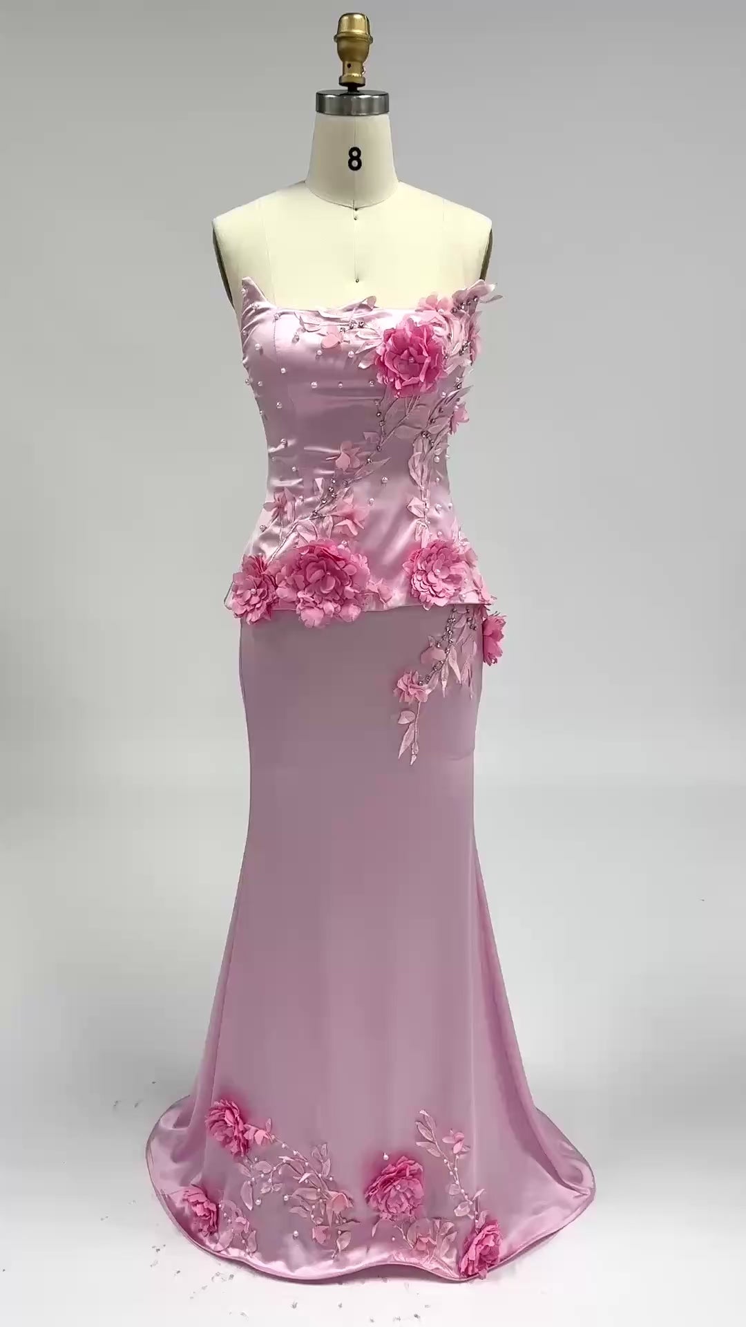 Load video: Strapless 3D Floral Satin Mermaid Gown Floor Length Formal  Pink Evening Dress ST007
