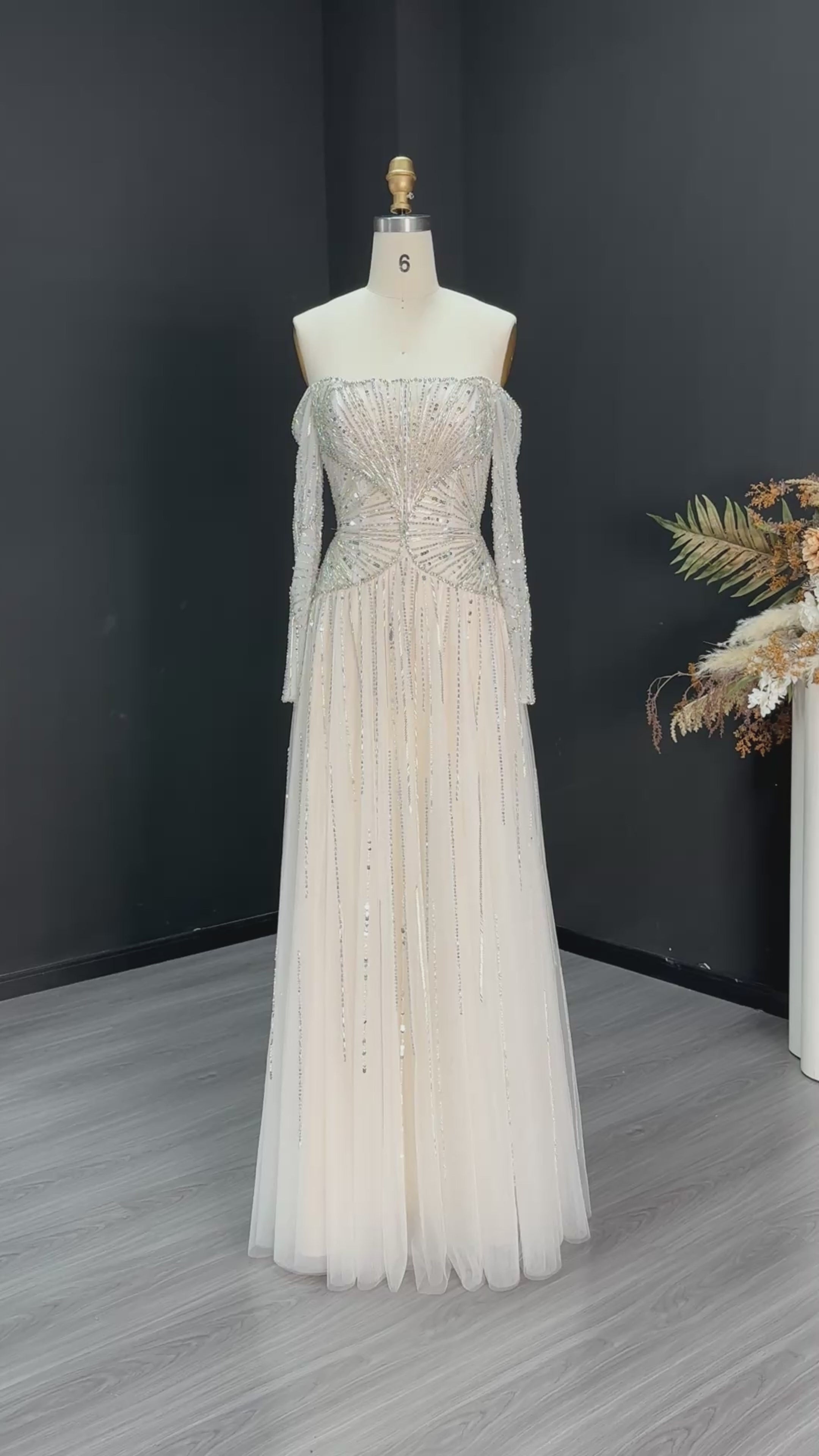 Charger la vidéo : Sexy Off the Shoulder Luxury Beaded Beige Evening Dress with Long Sleeve SS507