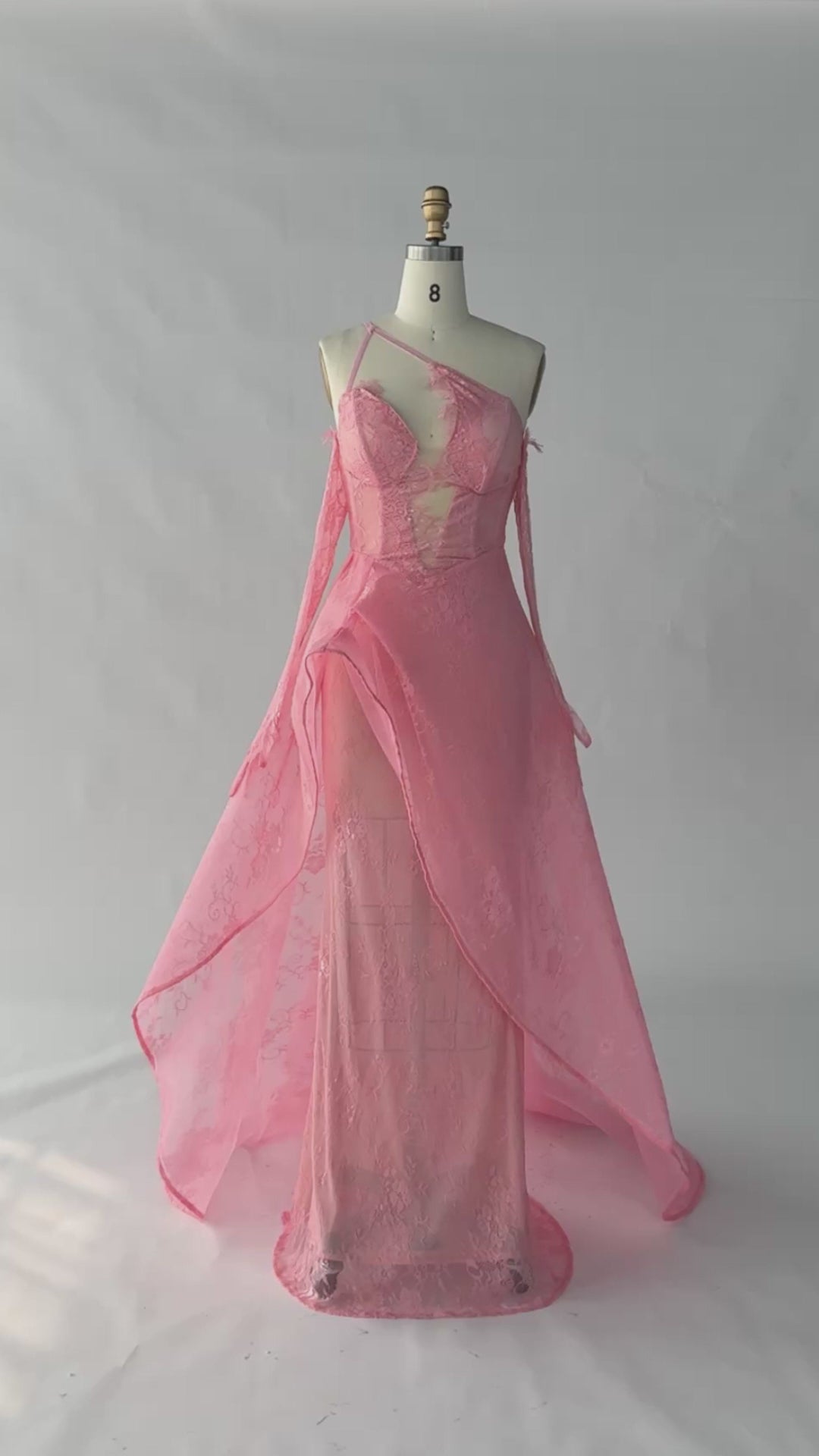 Load video: Pink Sheer Lace Asymmetrical Slit Formal Evening Dress ST052