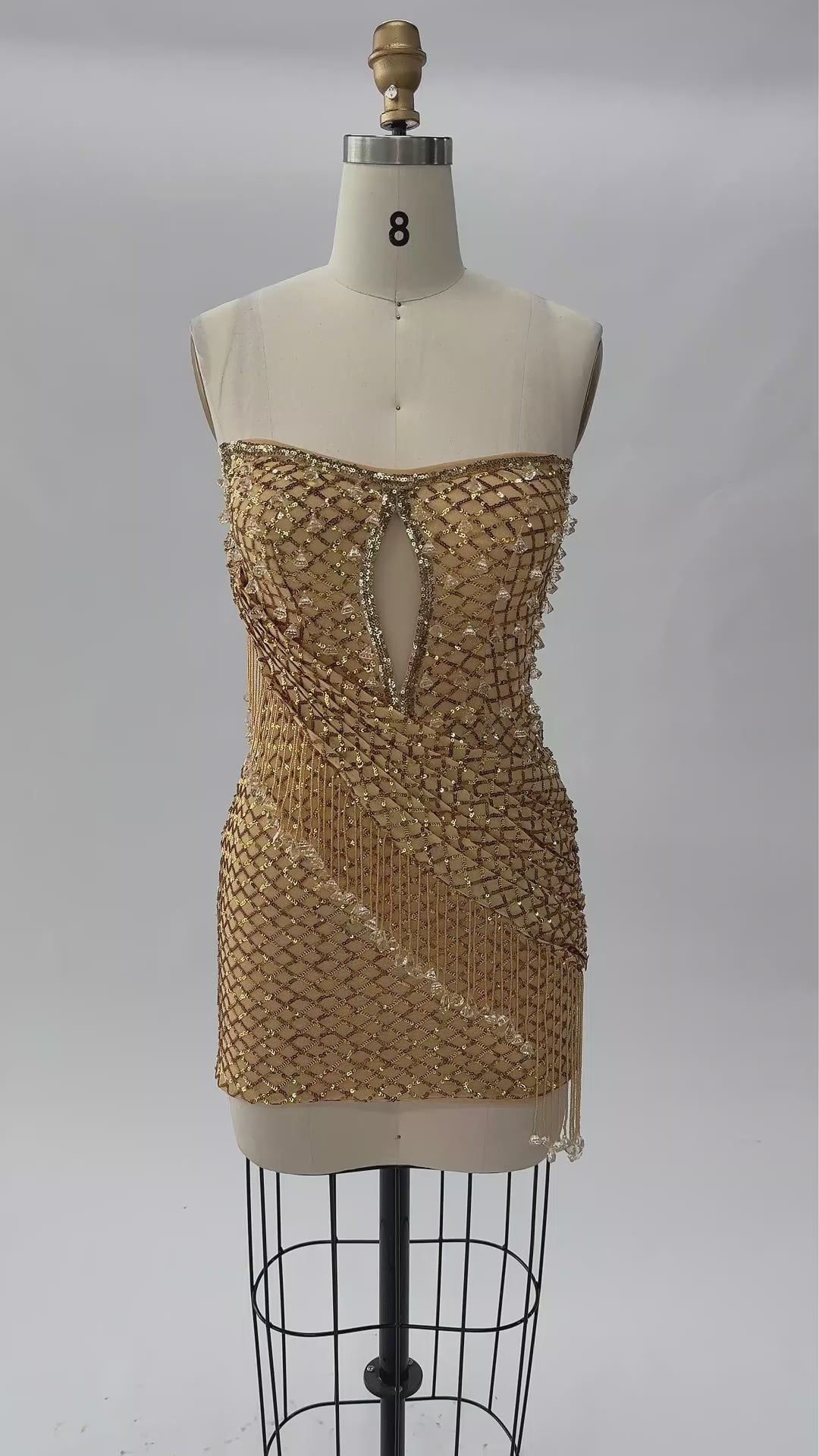 Load video: Gold Sequin Strapless Mini Evening Dress with Fringe Tassel and Cutout ST031