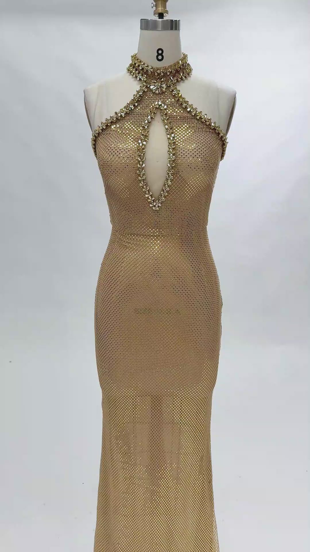 Load video: Nude Halter Neck Rhinestone Mesh Keyhole Evening Dress ST055