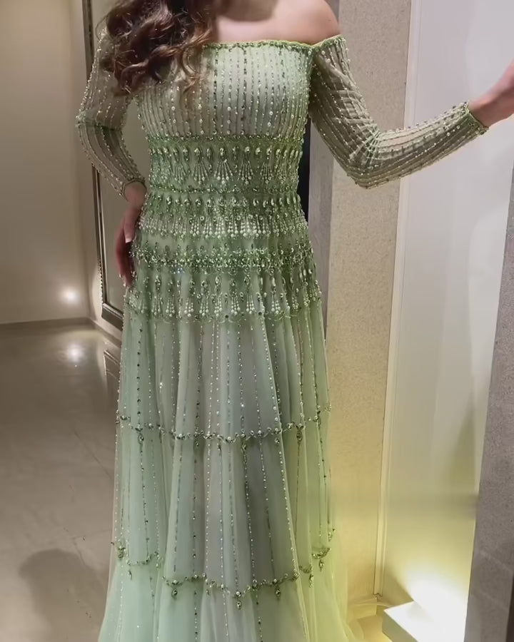 Load video: Green Off-Shoulder Long Sleeve Beaded A-Line Evening Dress SS588