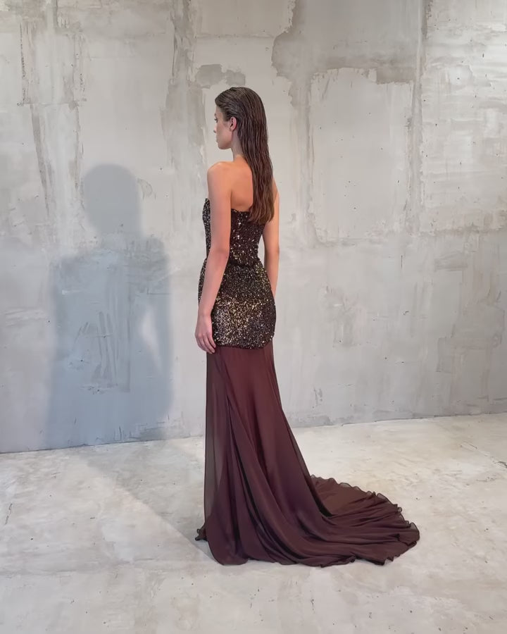 Video laden: Chocolate Brown Two-Piece Sequin Mermaid Evening Dress SF442