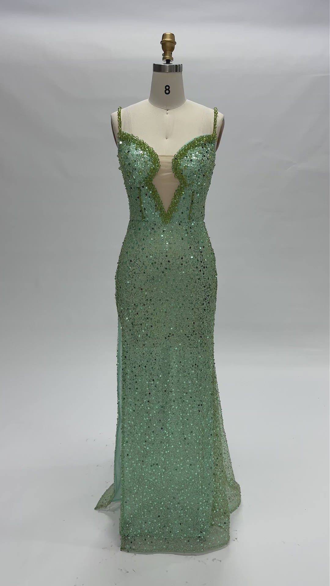 Load video: Green Plunging Neckline Evening Dress Sequin Spaghetti Strap Slit Gown ST029