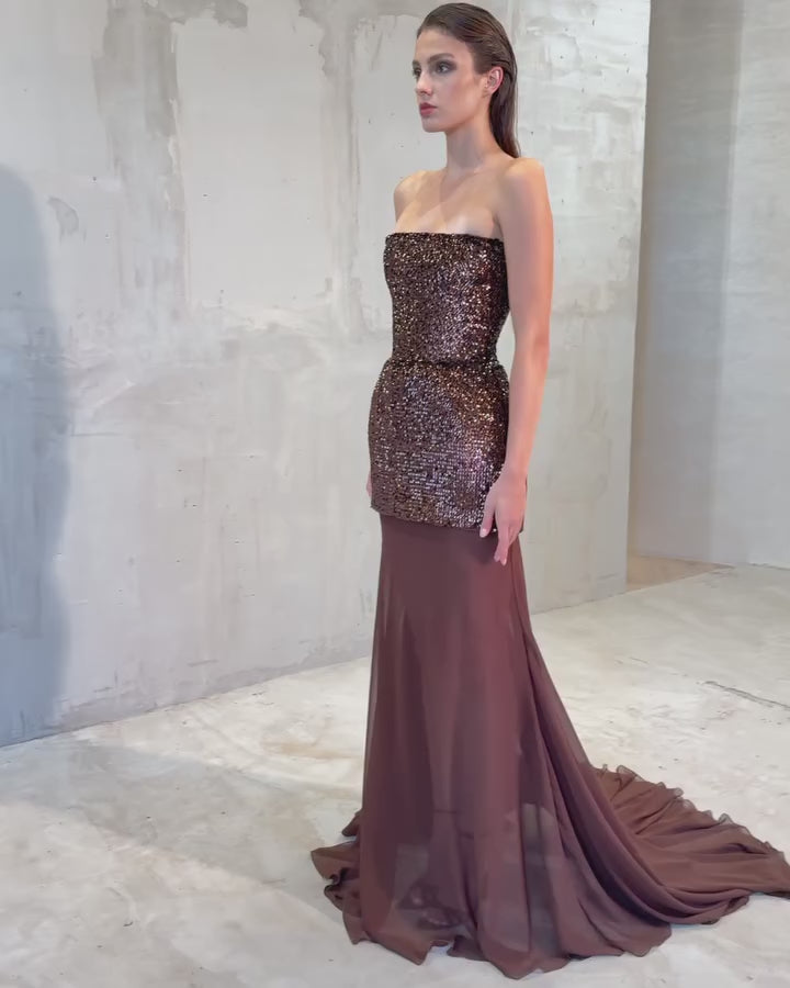 Video laden: Chocolate Brown Two-Piece Sequin Mermaid Evening Dress SF442
