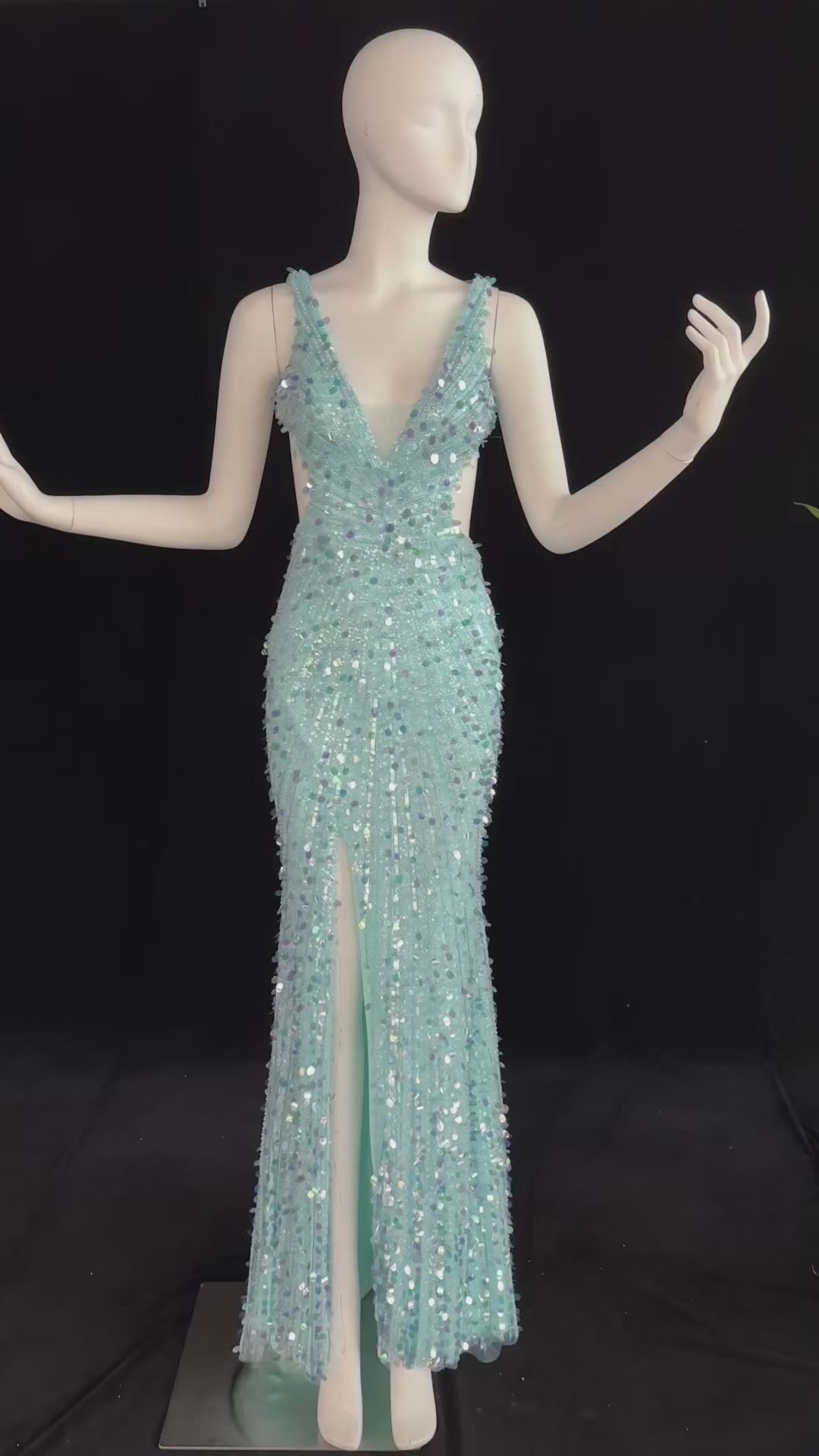 Load video: Aqua/ Blue Satin Mermaid Evening Dress deep V sleeveless high slit mermaid gown  SH354