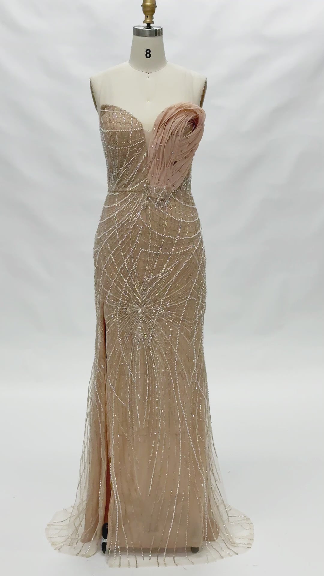 Load video: Champagne Strapless Sequin Slit Formal Evening Dress ST051