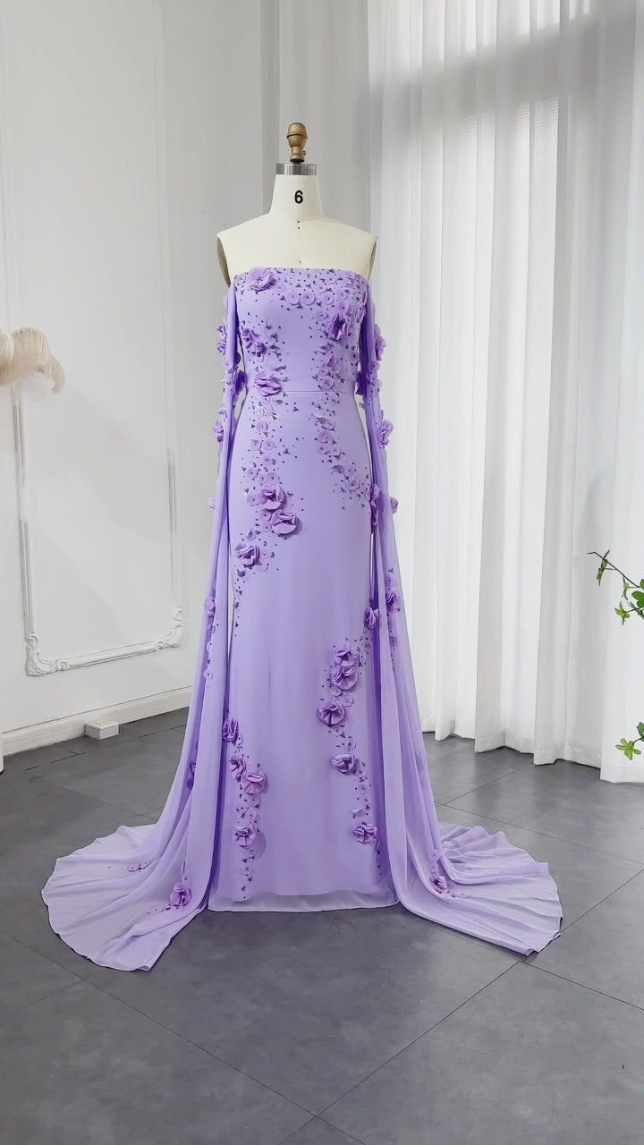 Video laden: Luxury Lilac Off-the-Shoulder Mermaid Evening Dress with 3D Floral Applique SS450
