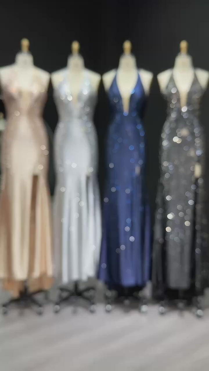 Load video: Sparkly Crystal Gold Halter Mermaid Prom Dresses with Slit Open Back Long Women Party Evening Gowns