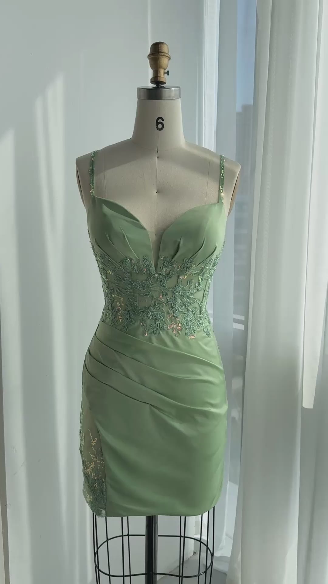 Load video: Sage Green Satin Strapless Sheath Mini Homecoming Dress RM173