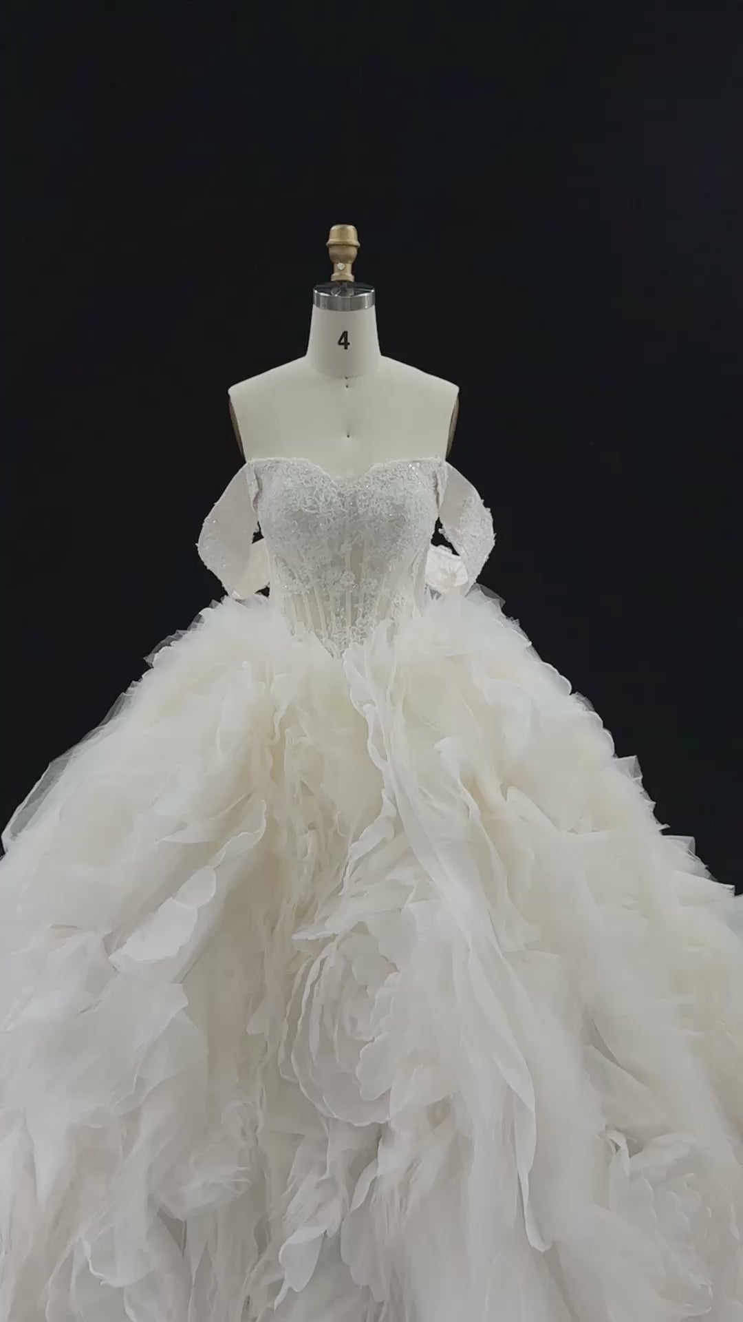 Load video: Off White Off Shoulder Lace Ball Gown Wedding Dress