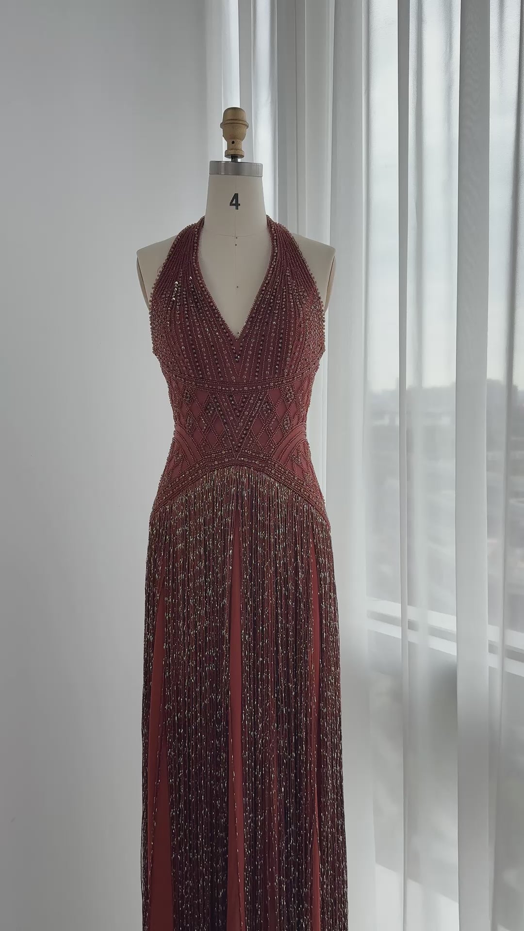 Load video: Yellow Beaded Halter Neck Fringe Mermaid Evening Gown with Open Back SS554