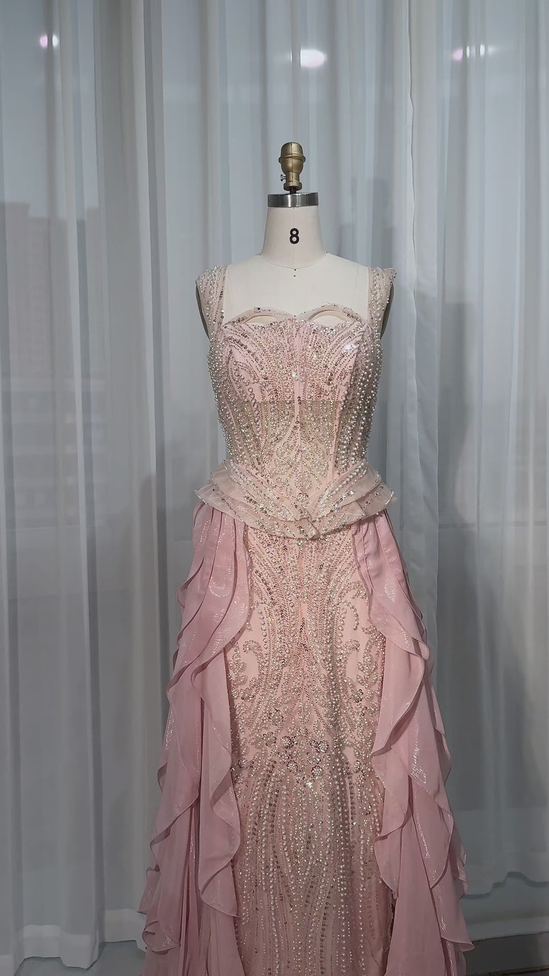 Load video: Peach Sparkling Sequin Beaded Evening Dress with Cascading Layered Tiered Ruffle Train SS236