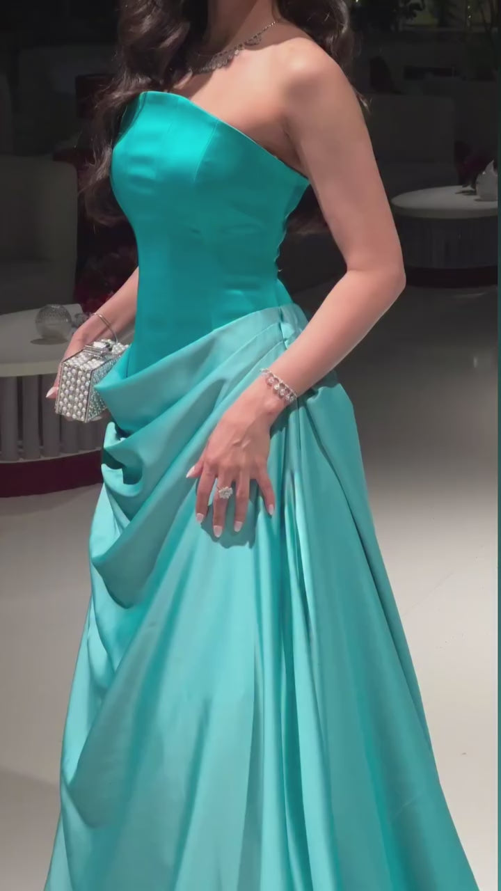 Load video: Turquoise Satin Ball Gown Strapless Evening Dress with Draped Train SF058
