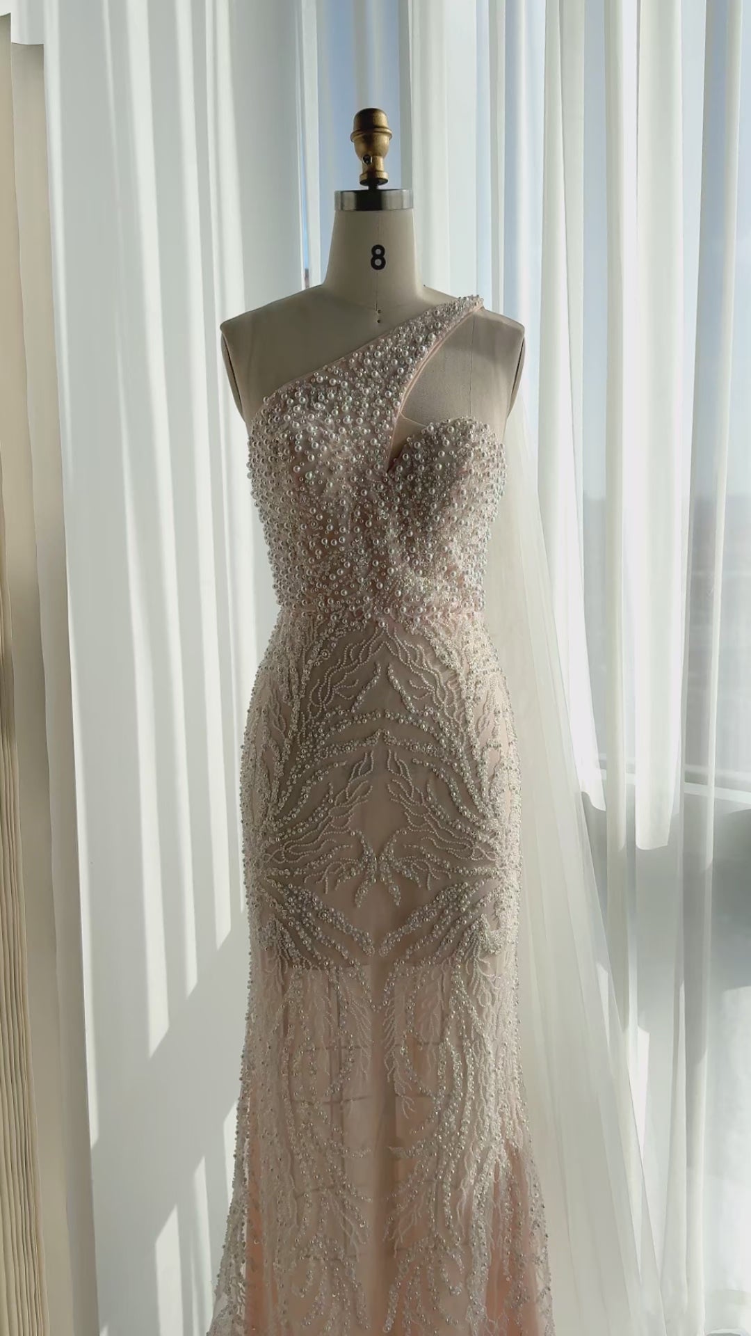 Load video: White Beaded One Shoulder Evening Dress