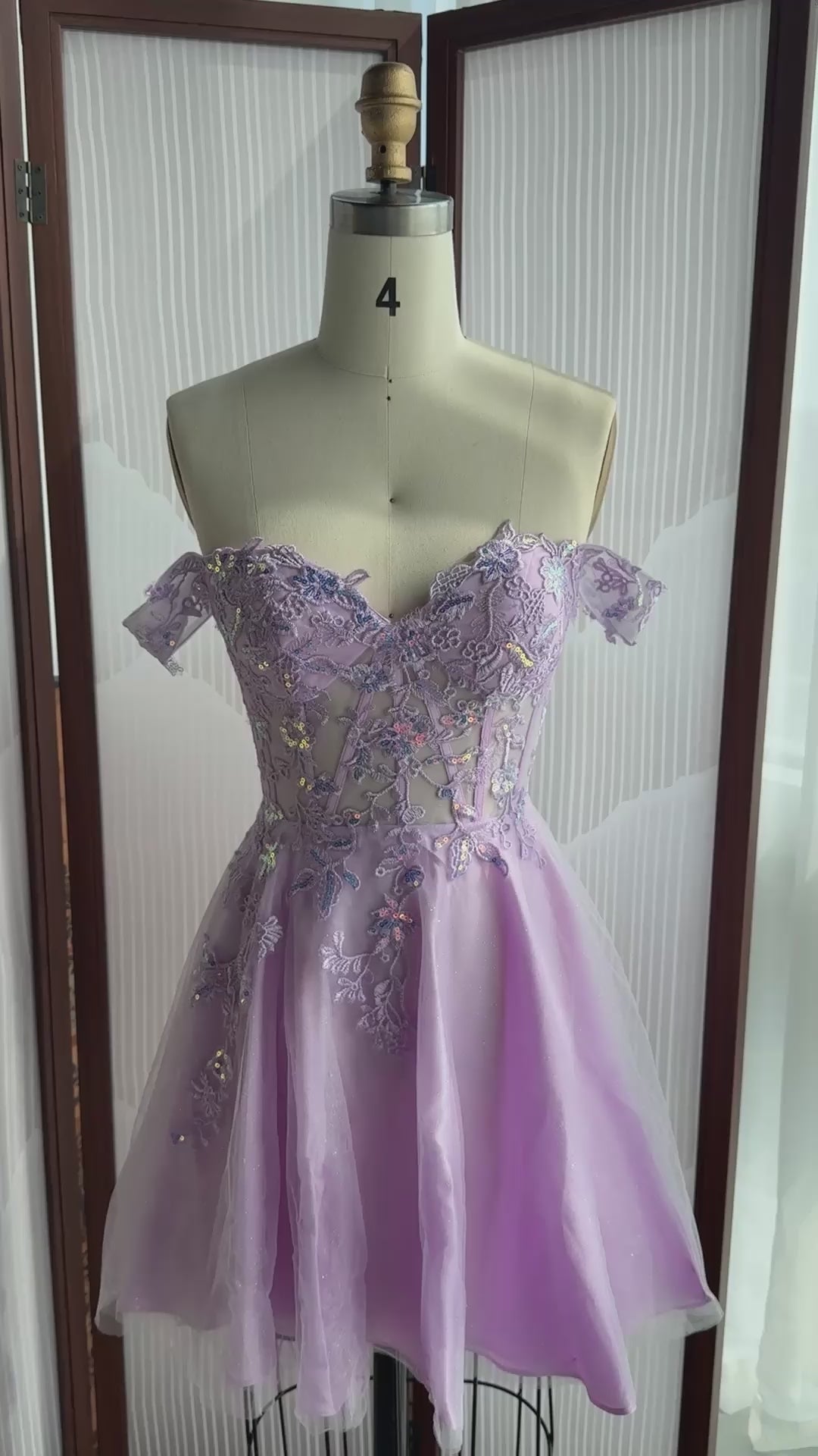 Load video: Lavender Tulle Off-Shoulder Lilac Mini Homecoming Dress RM161