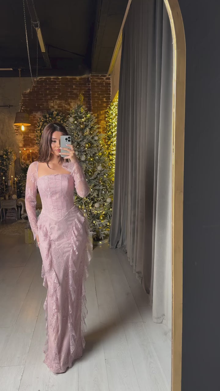 Load video: Blush Pink Lace Square Neck Long Sleeve Mermaid Evening Dress SF497