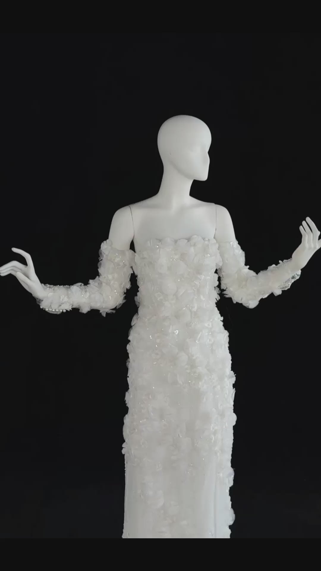 Load video: Luxury Beaded Long Sleeve Lace High Slit Wedding Dress SW085