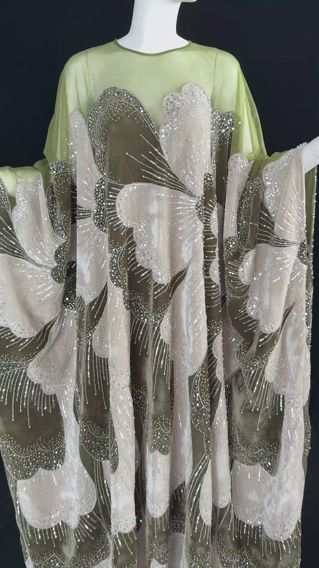 Load video: Luxurious Olive Green Velvet Beaded Kaftan Dress Sequined Petal Pattern Evening Abaya Maxi Gown SS669