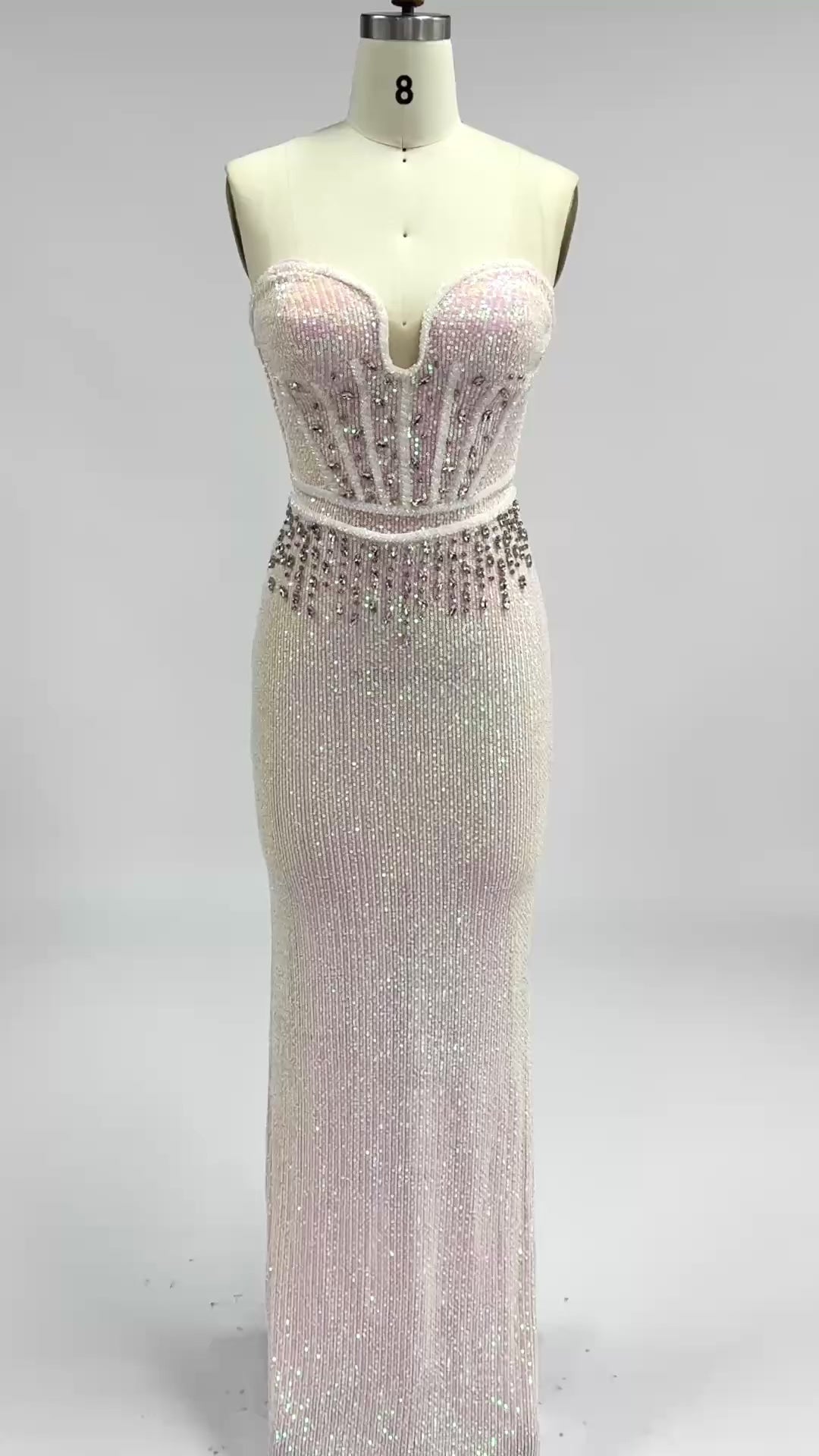 Load video: Strapless Sweetheart Corset Sequin Mermaid Gown Beaded Waist Formal Pink Evening Dress ST006
