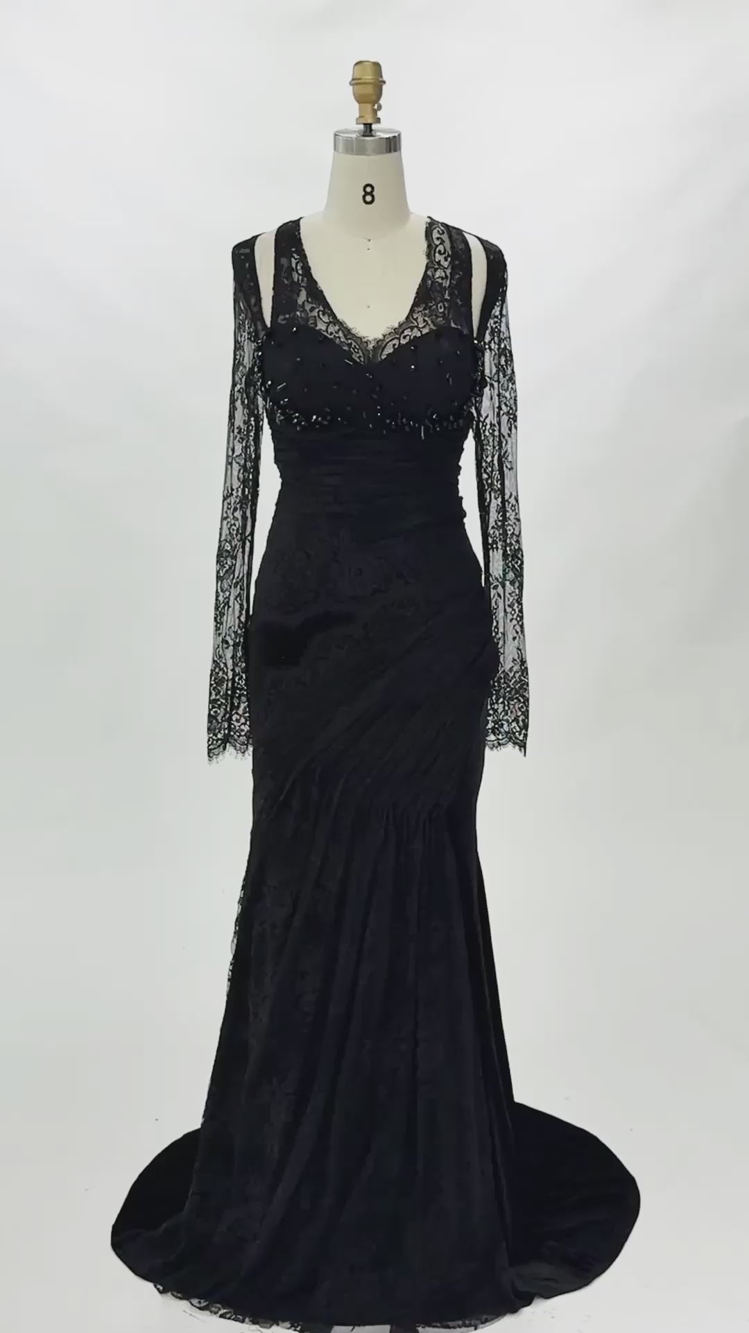 Carica video: Black Beaded Lace Sleeve Mermaid Evening Dress ST093