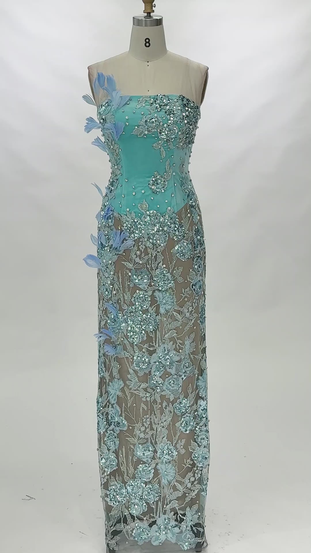 Carica video: Blue Strapless Feather Sequin Maxi Dress ST074