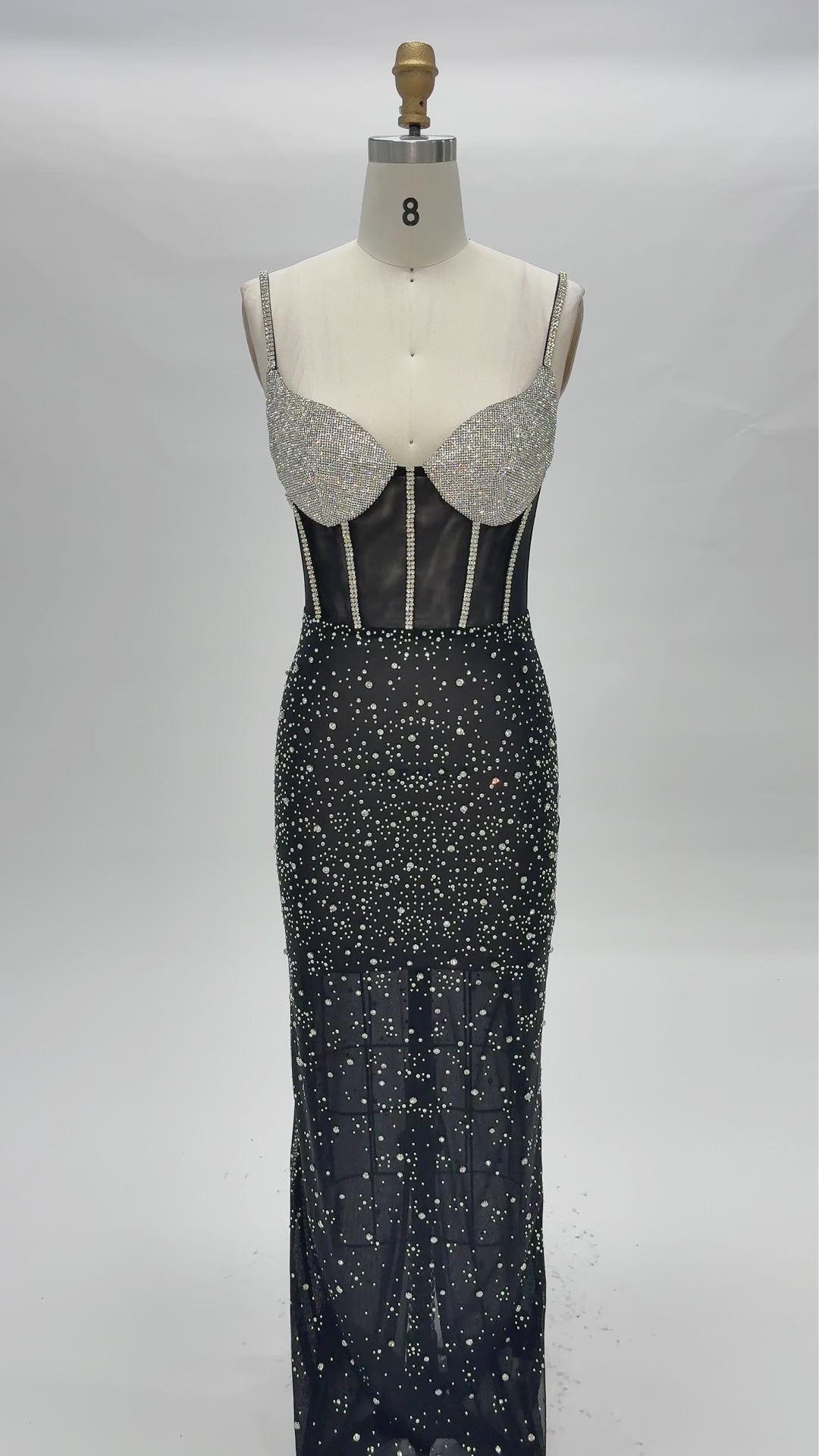Carregar vídeo: Black Sheer Boned Bustier Evening Dress with Silver Sparkle Cups Floor Length Gown ST025