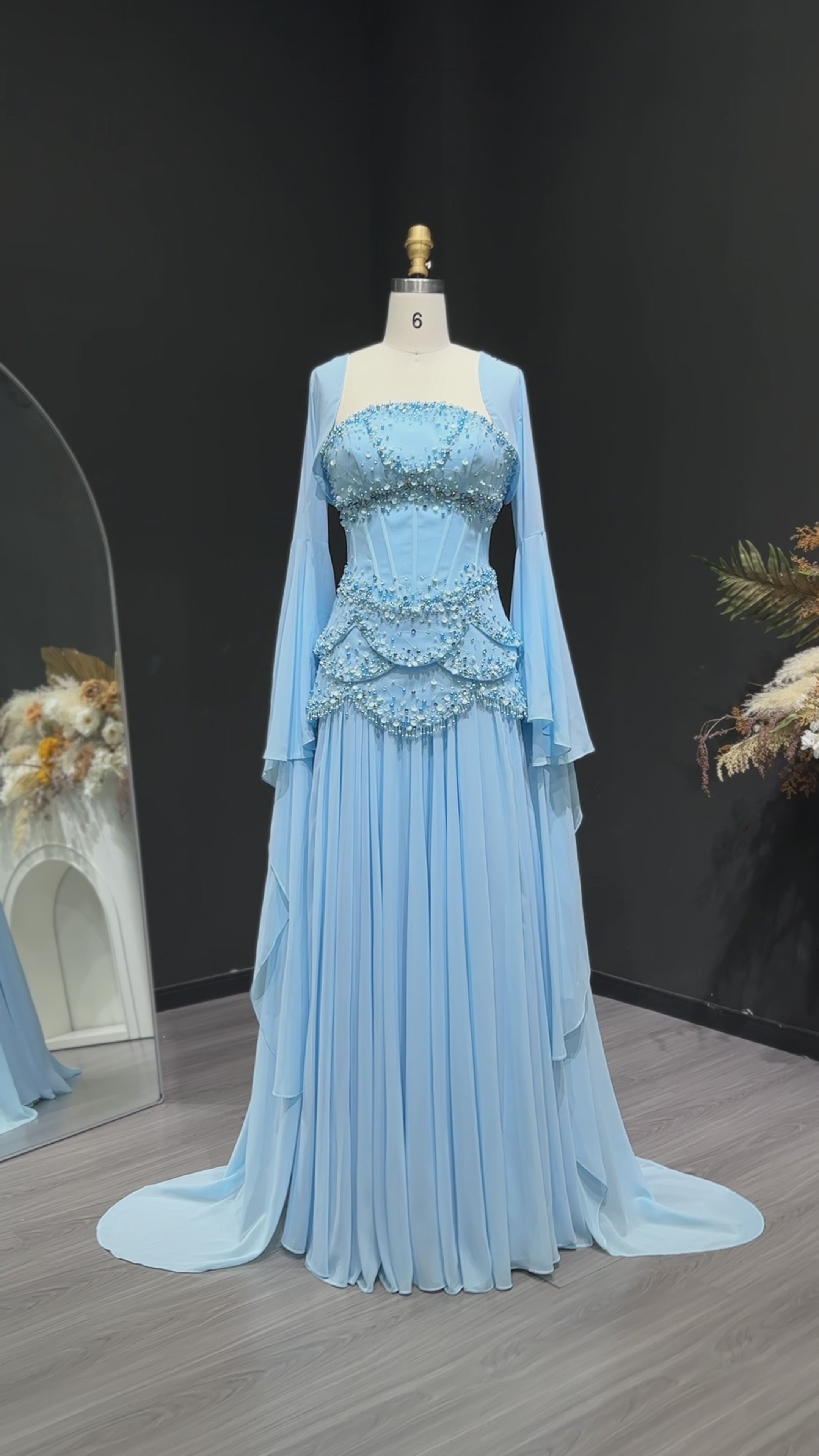 Load video: Luxury Blue Beaded Formal Evening Gown with Bell Sleeves SS286