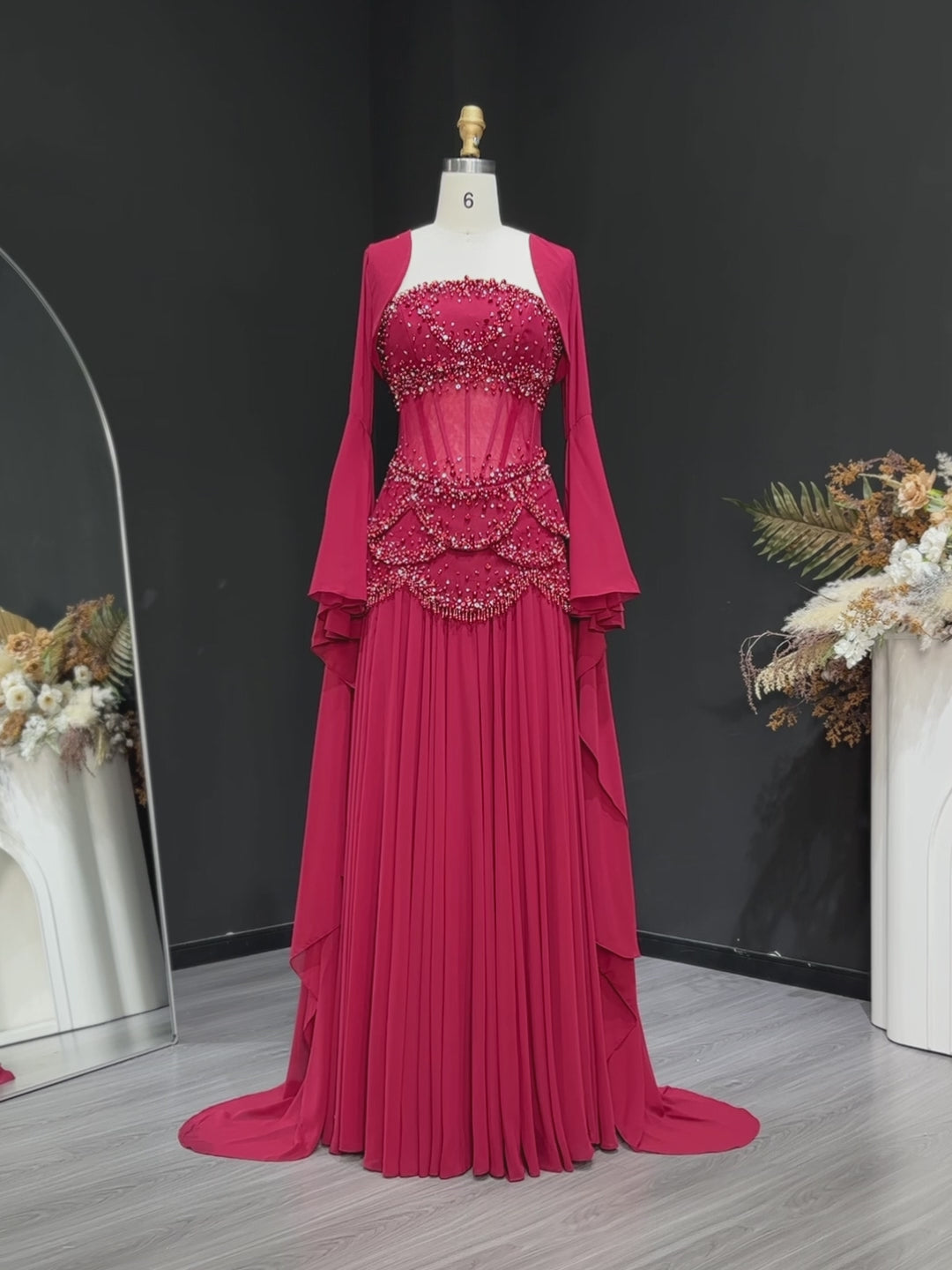 Load video: Luxury Blue Beaded Formal Evening Gown with Bell Sleeves SS286