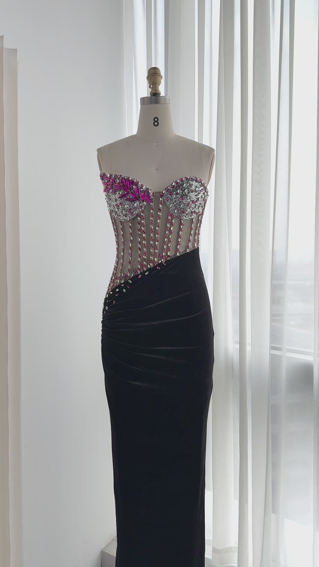 Load video: Black Strapless Beaded Velvet Evening Gown