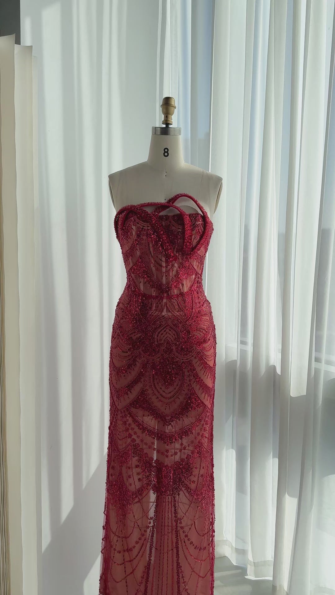 Load video: Red Tulle Beaded Strapless Evening Gown