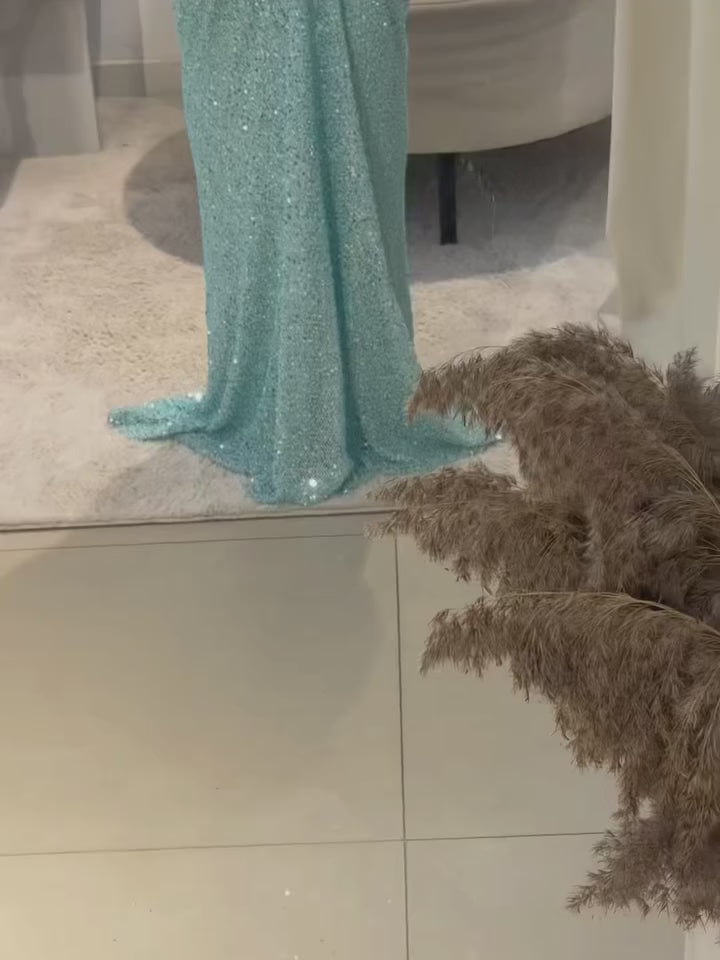 Load video: Light Blue Teal Sequin Mermaid Sleeveless Prom Dress SH553