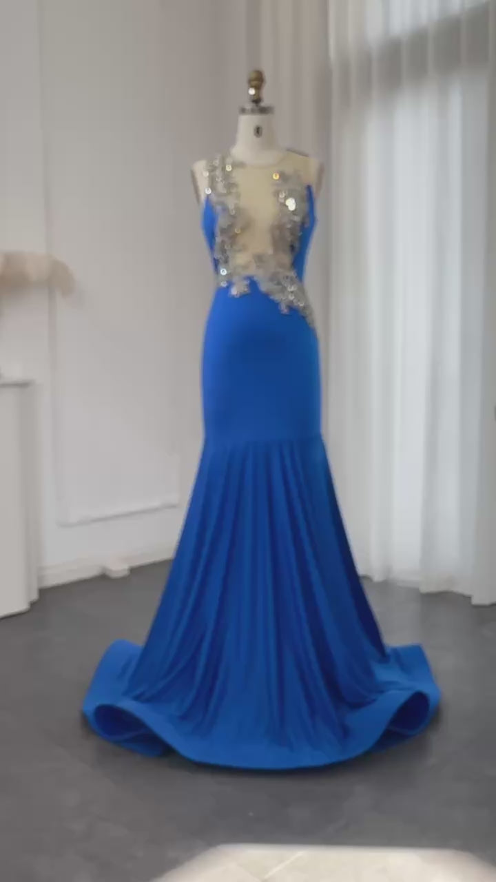 Load video: Royal Blue Mermaid African Prom Dresses for Black Girls with Crystal