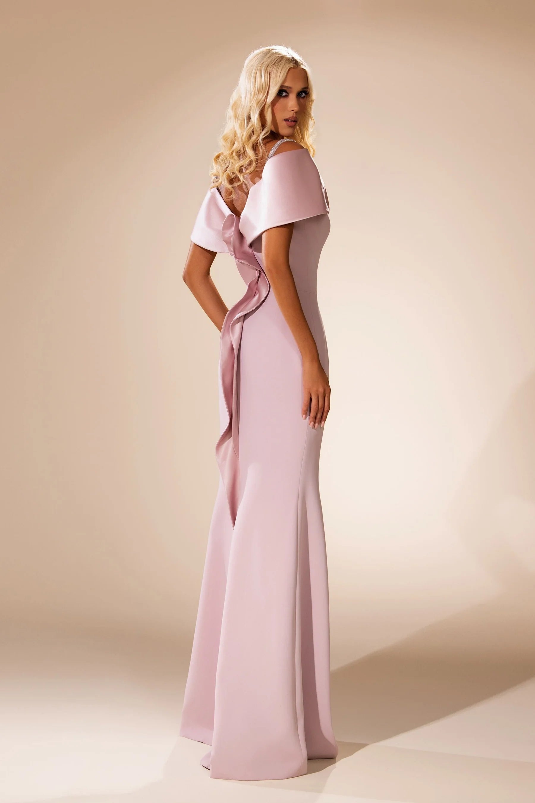 Elegant Blush Pink Satin Off the Shoulder Evening Dress Rhinestone Trim High Slit Prom Gown SF466 Sheer Fairy