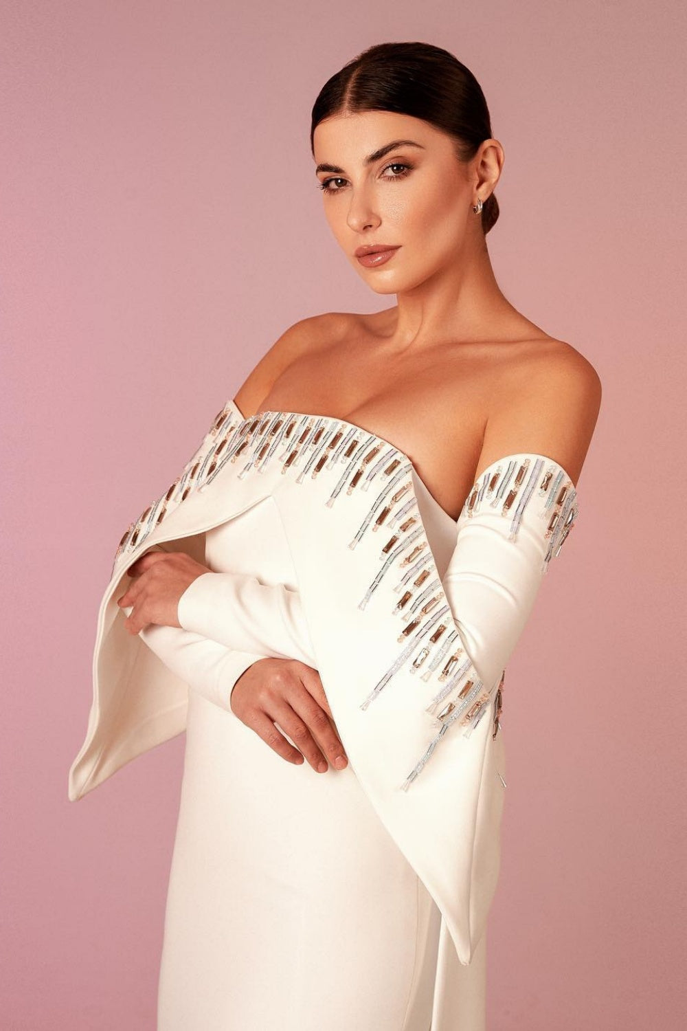 Elegant White Off Shoulder Long Sleeves Evening Dress with Cape SF008 Sheer Fairy