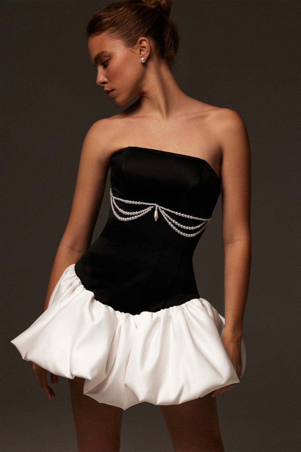 Dreamy Black Satin Homecoming Dress with White Bubble Skirt RM221 Sheer Fairy