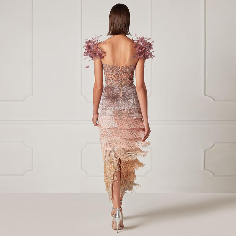 Sheer Lattice Beaded Tiered Fringe Lilac Evening Dress with 3D Floral SS379 Sheer Fairy