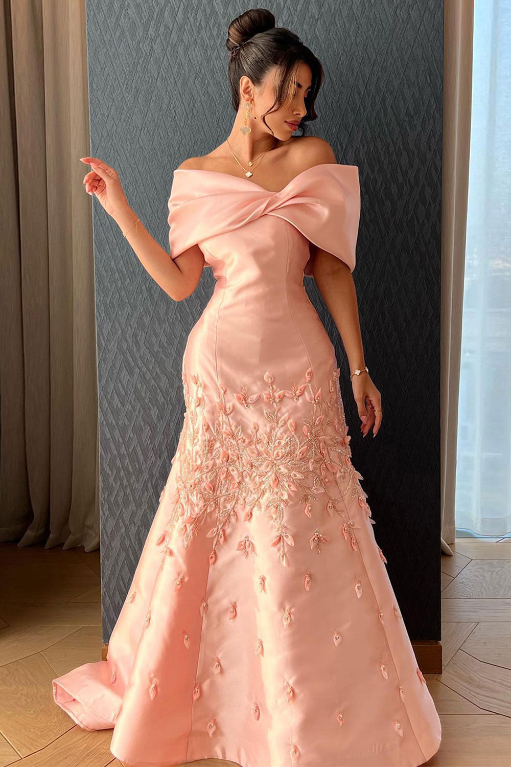 Off-the-Shoulder Long Pink Satin Mermaid Evening Dress with Floral Appliqués SS464 Sheer Fairy