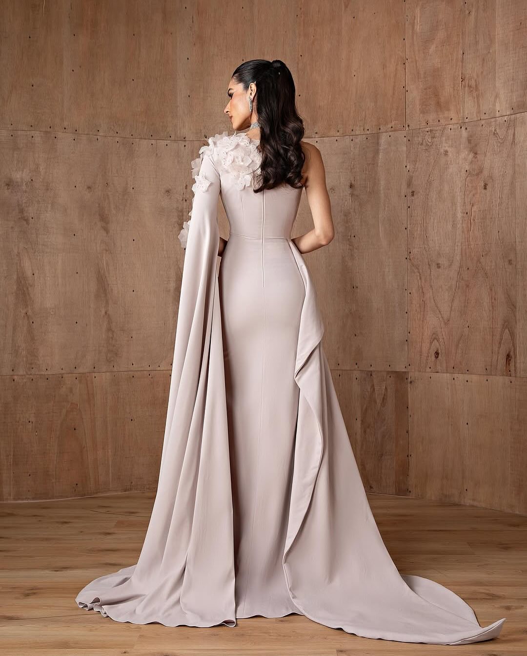 Dirty Pink One-Shoulder Mermaid Evening Dress with Cape Sleeve & 3D Floral Appliqués SF555 Sheer Fairy