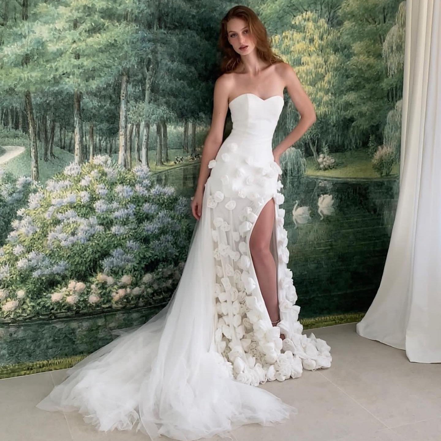 Modest 3D Rose Strapless Mermaid Evening Dress with Train SS207 Sheer Fairy