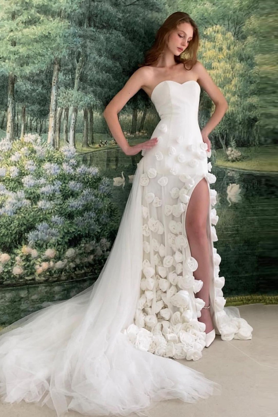 Modest 3D Rose Strapless Mermaid Evening Dress with Train SS207