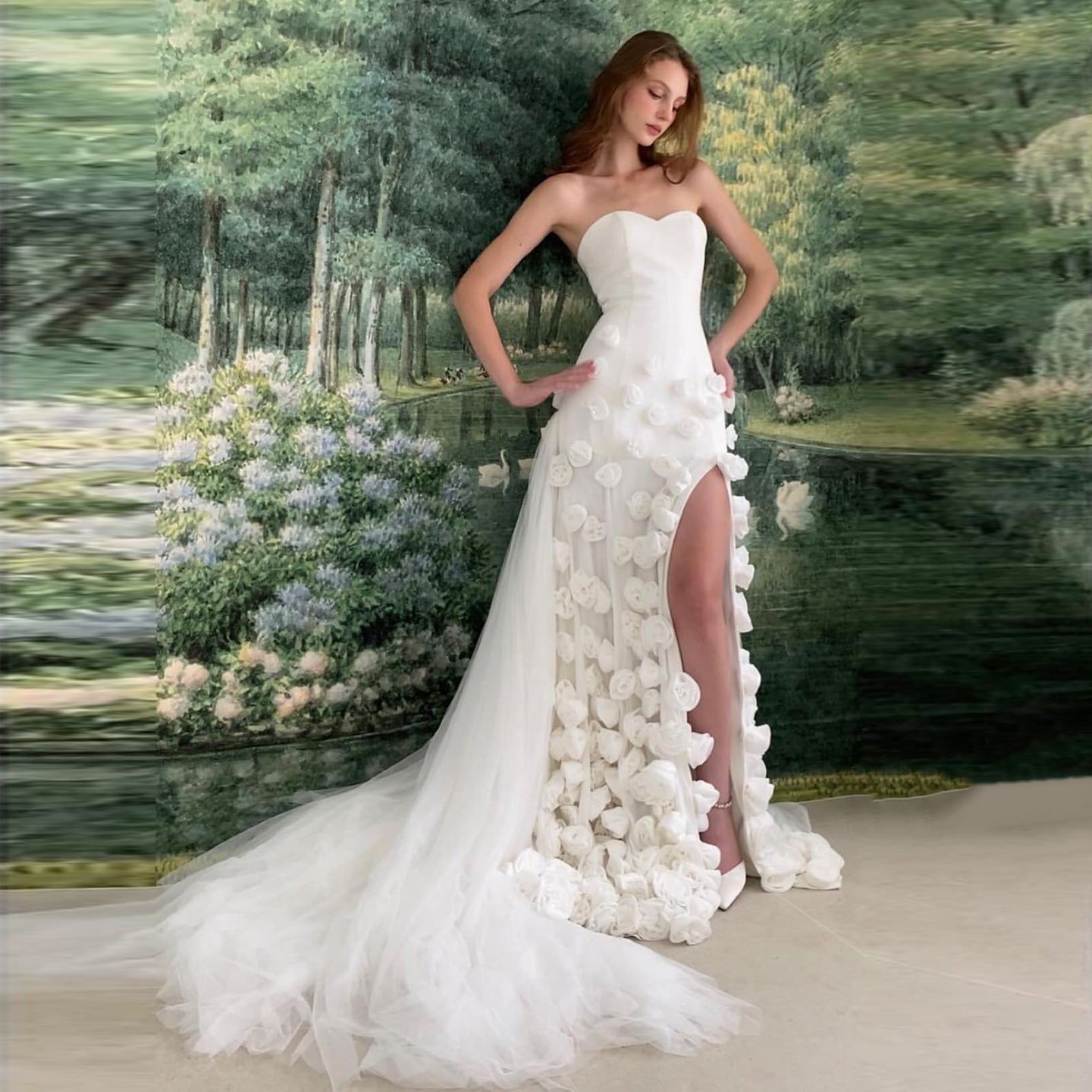 Modest 3D Rose Strapless Mermaid Evening Dress with Train SS207 Sheer Fairy