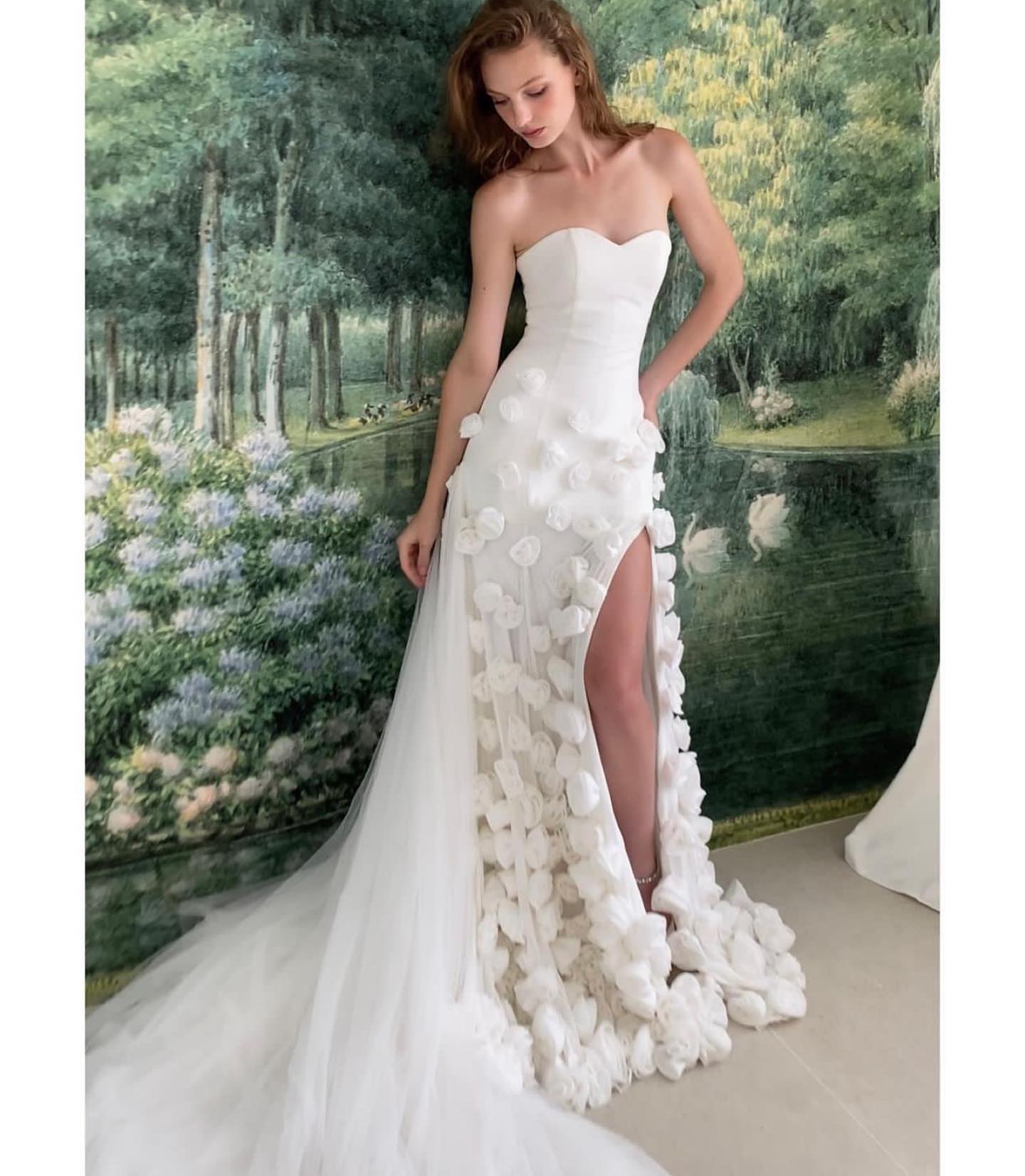 Modest 3D Rose Strapless Mermaid Evening Dress with Train SS207 Sheer Fairy