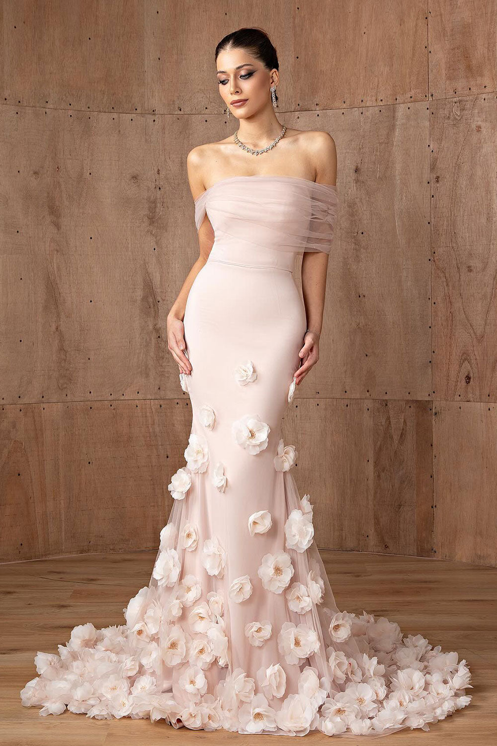 Pink Off-the-Shoulder Mermaid Evening Dress with 3D Flower SS383 Sheer Fairy