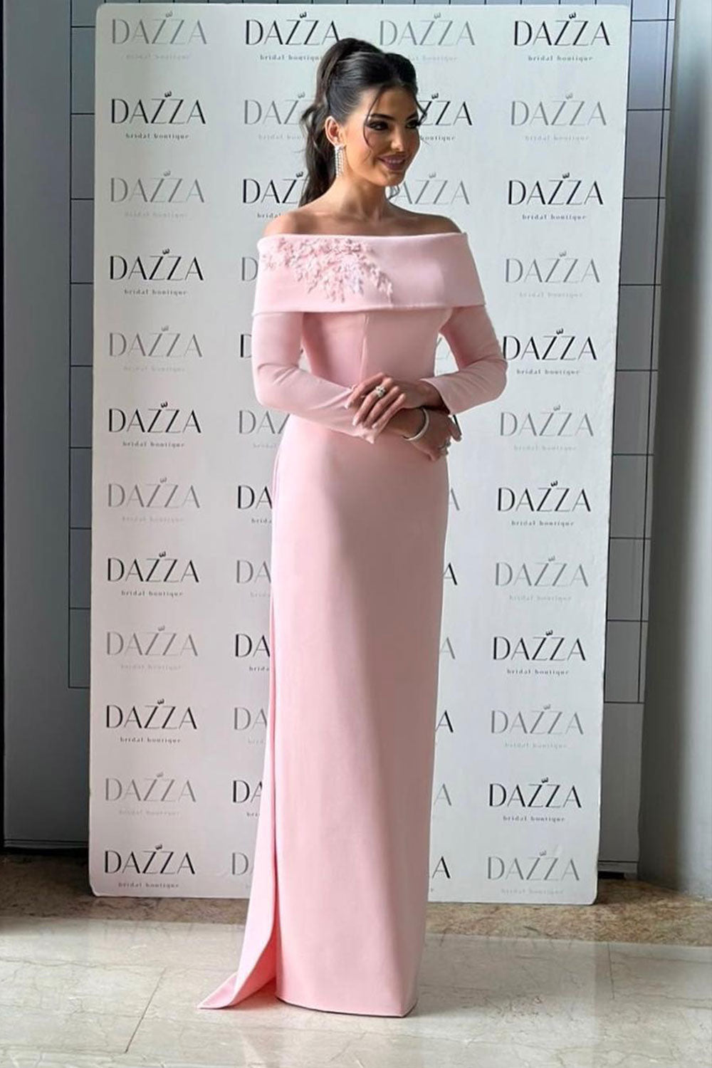 Blush Pink Off-the-Shoulder Crepe Evening Dress with 3D Floral Appliqués SF404 Sheer Fairy