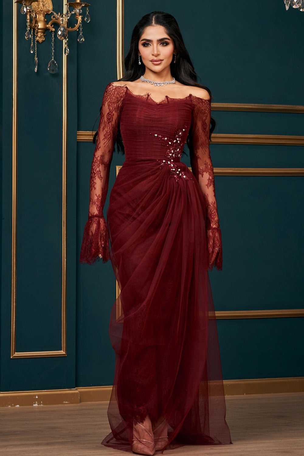 Burgundy Off-the-Shoulder Lace Beaded Evening Dress with Long Sheer Sleeves SF456 Sheer Fairy