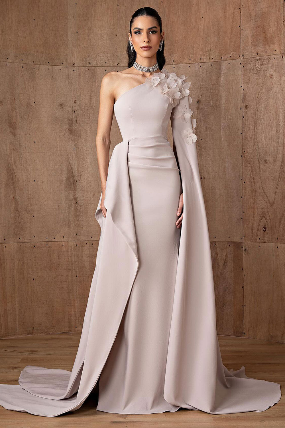 Dirty Pink One-Shoulder Mermaid Evening Dress with Cape Sleeve & 3D Floral Appliqués SF555 Sheer Fairy