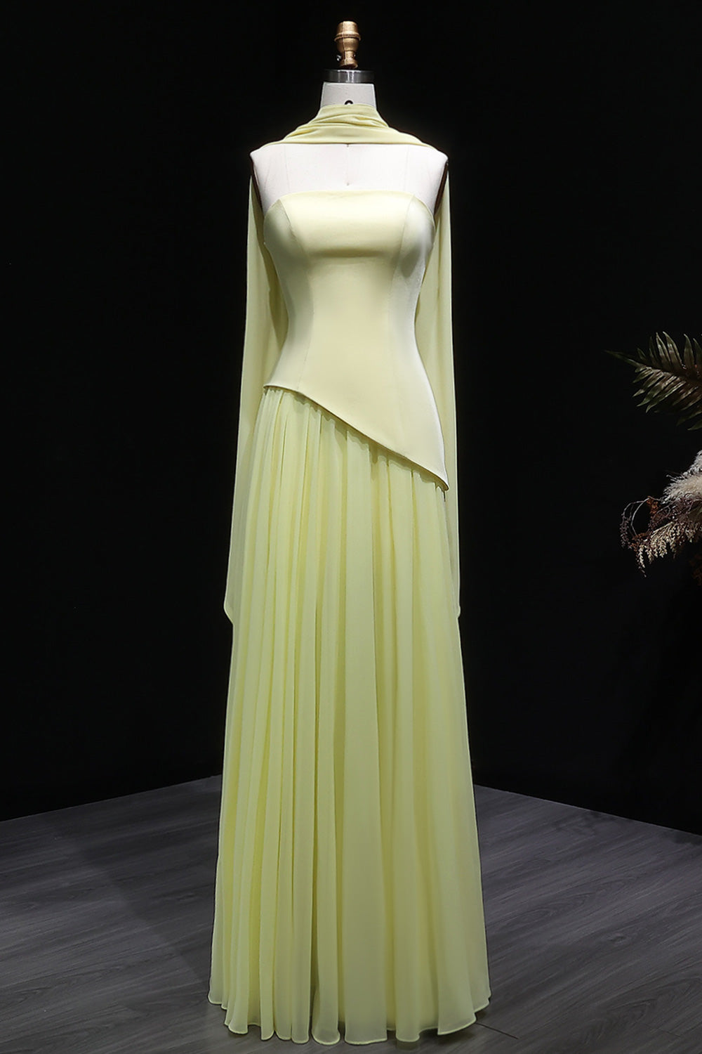 Yellow Strapless Chiffon Prom Dress Evening Gown with Scarf SH059 Sheer Fairy