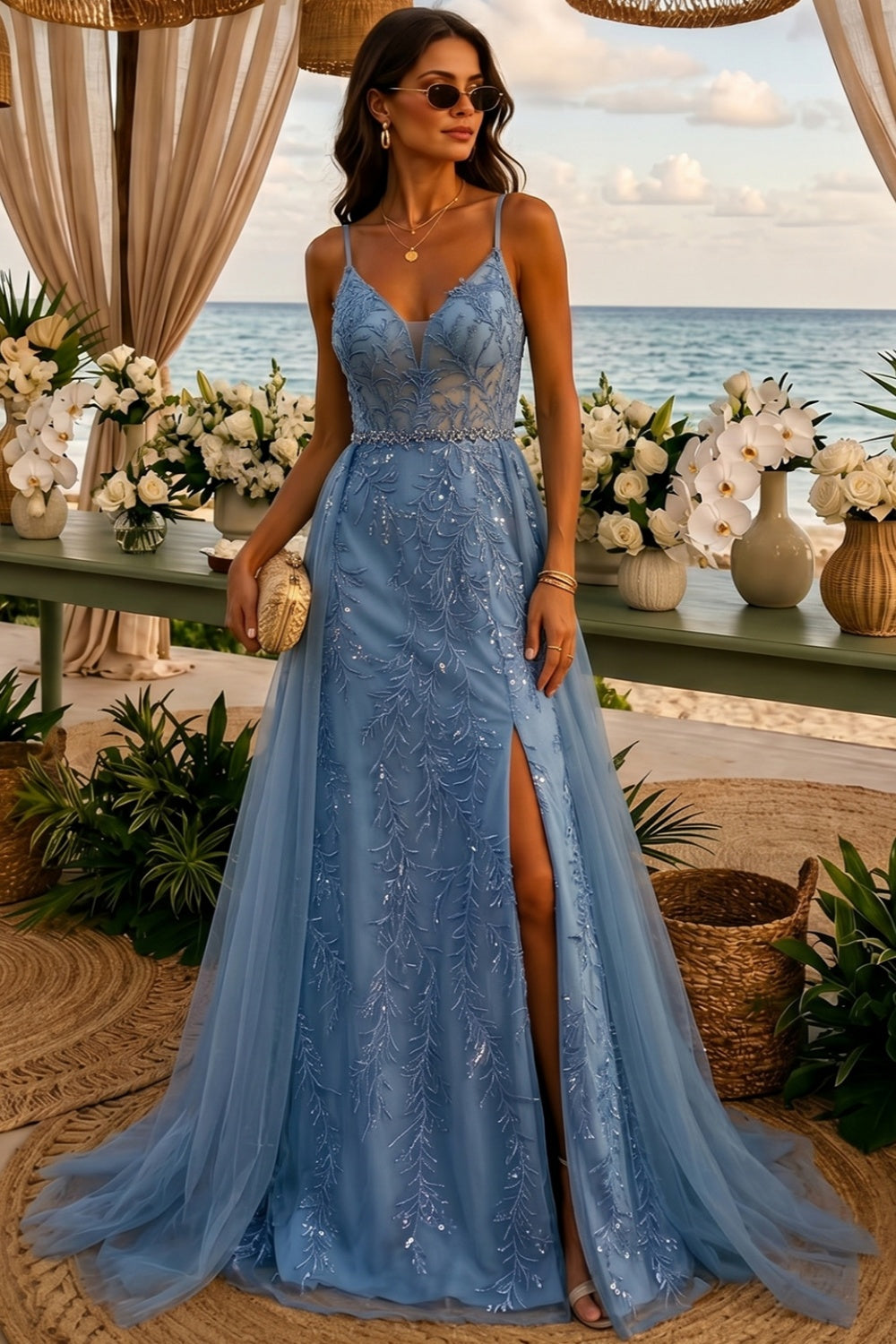 Romantic Dusty Blue Sheer Bodice Prom Dress with Train SH191 Sheer Fairy
