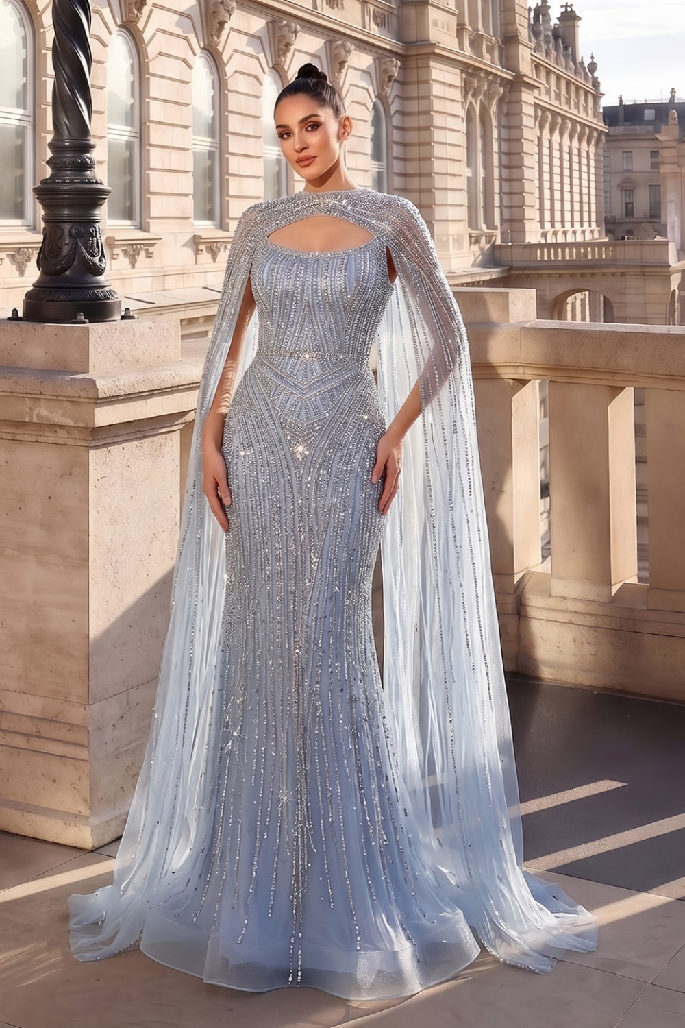 Glamorous Light Blue Beaded Prom Dress with Cape Overlay and Keyhole Neck SH312 Sheer Fairy